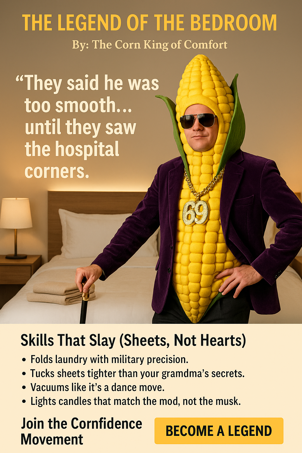 Corn-suit legend in a purple blazer, gold 69 chain, sunglasses, and cane standing in a perfectly made bedroom.